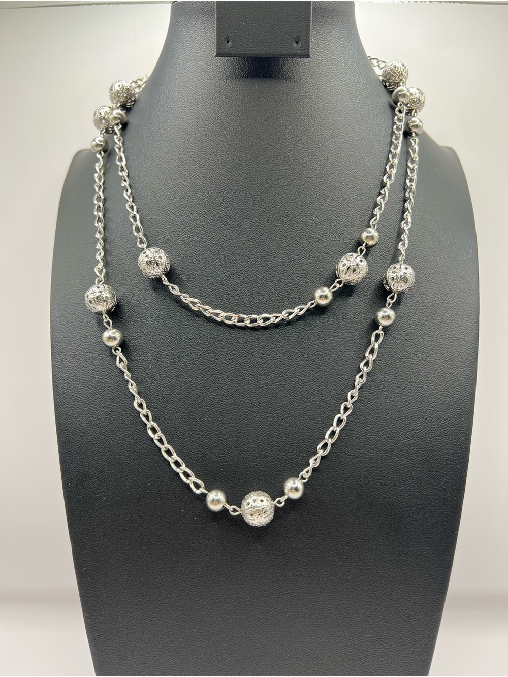 Vintage Silver Tone Layered Station Necklace Filigree Ball Beads Long Chain